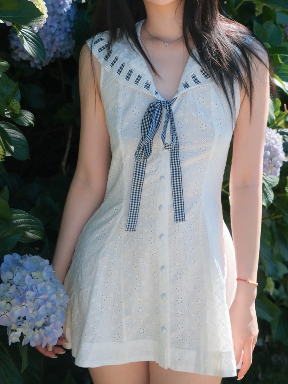For Love & Lemons White Eyelet Sailor Dress with Black Gingham Trim